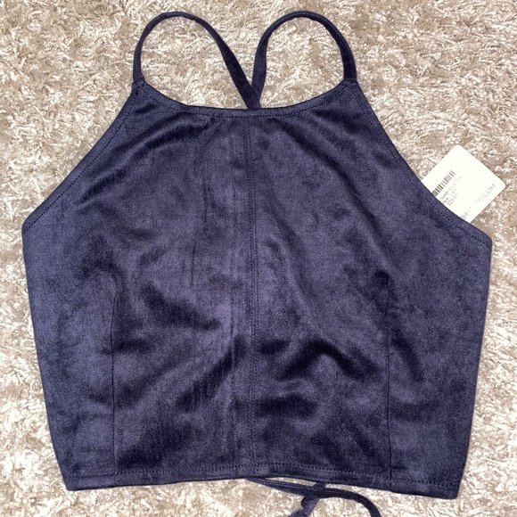 Brandy Melville Tops - Faux-Suede Navy Blue Tie up Crop Top
